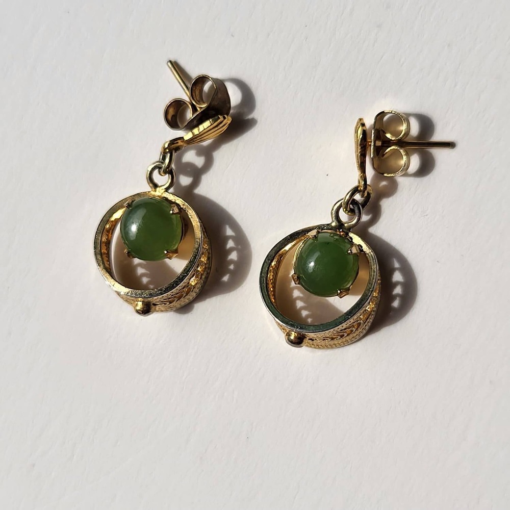 Vintage 12K Gold Filled Jade Drop Earrings Green Filigree Basket Dangle